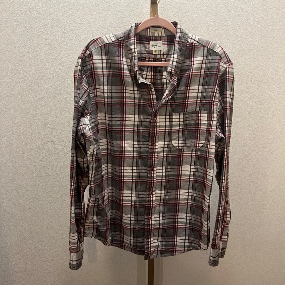 J.Crew flannel button-down slim fit long sleeve shirt Grey & Red Plaid XL